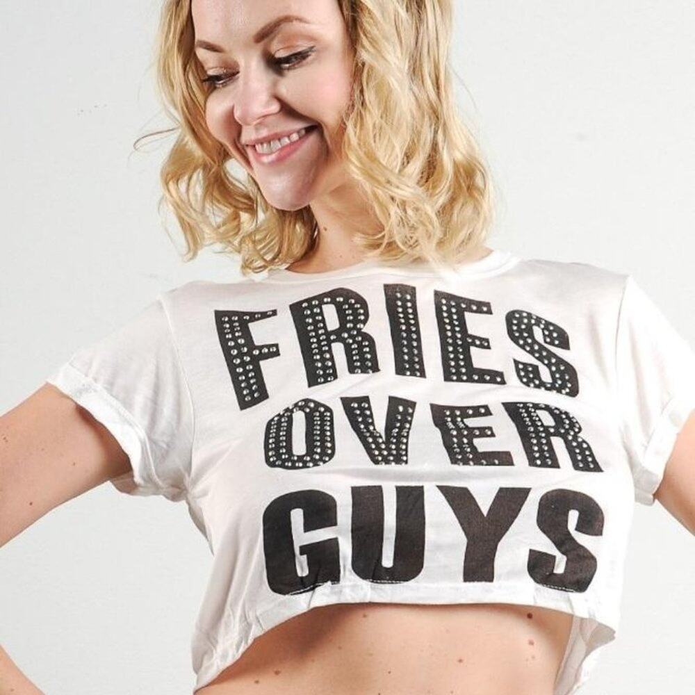 Fries Over Guys White and Black Studded Crop Top Large